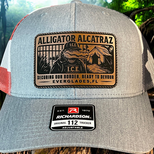 Alligator Alcatraz Swamp ICE Funny Leather Patch SnapBack Trucker Hat - Hollow Point Society - Patch Hat