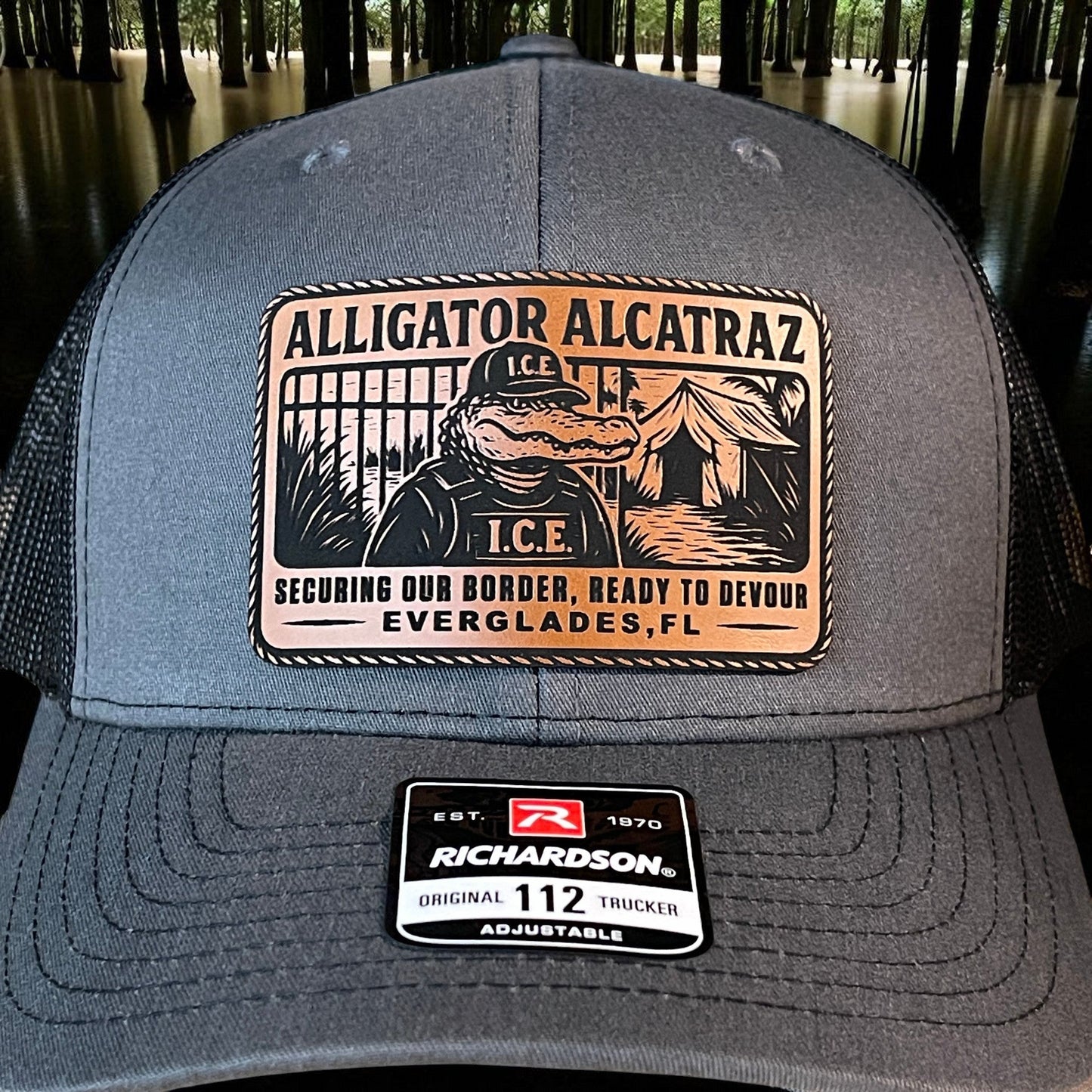 Alligator Alcatraz Swamp ICE Funny Leather Patch SnapBack Trucker Hat - Hollow Point Society - Patch Hat