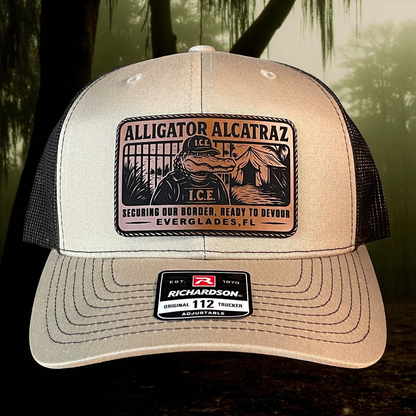 Alligator Alcatraz Swamp ICE Funny Leather Patch SnapBack Trucker Hat - Hollow Point Society - Patch Hat