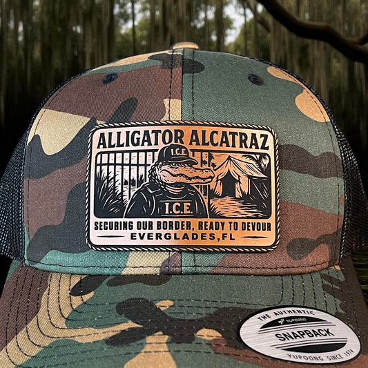 Alligator Alcatraz Swamp ICE Funny Leather Patch SnapBack Trucker Hat - Hollow Point Society - Patch Hat