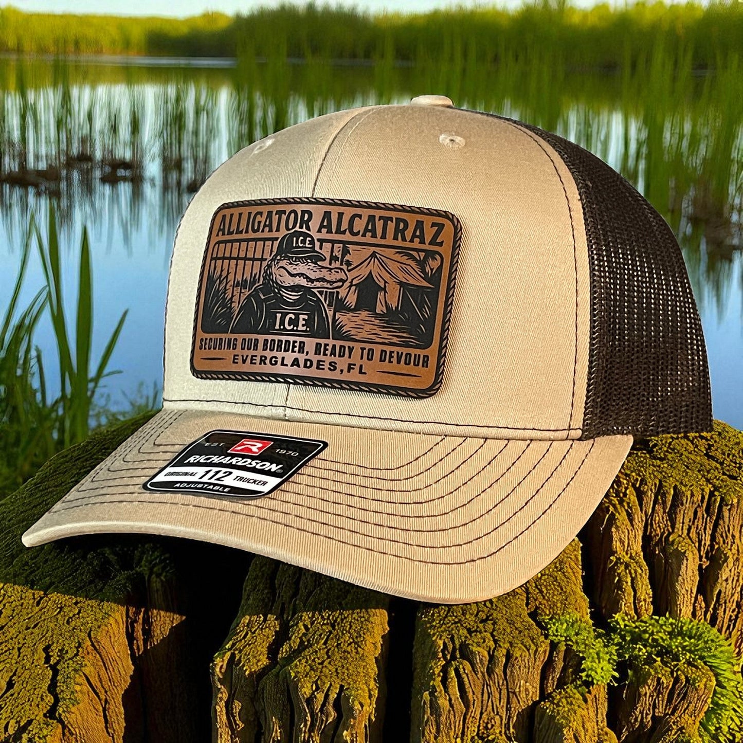 Alligator Alcatraz Swamp ICE Funny Leather Patch SnapBack Trucker Hat - Hollow Point Society - Patch Hat