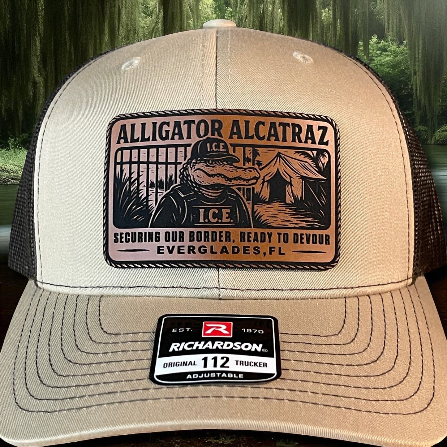 Alligator Alcatraz Swamp ICE Funny Leather Patch SnapBack Trucker Hat - Hollow Point Society - Patch Hat