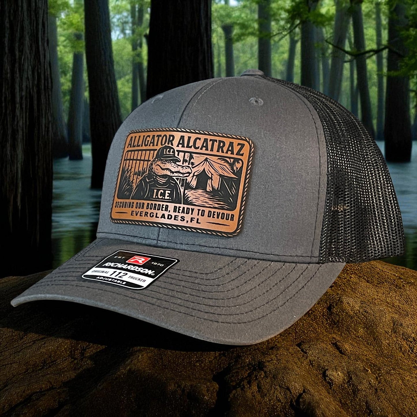 Alligator Alcatraz Swamp ICE Funny Leather Patch SnapBack Trucker Hat - Hollow Point Society - Patch Hat