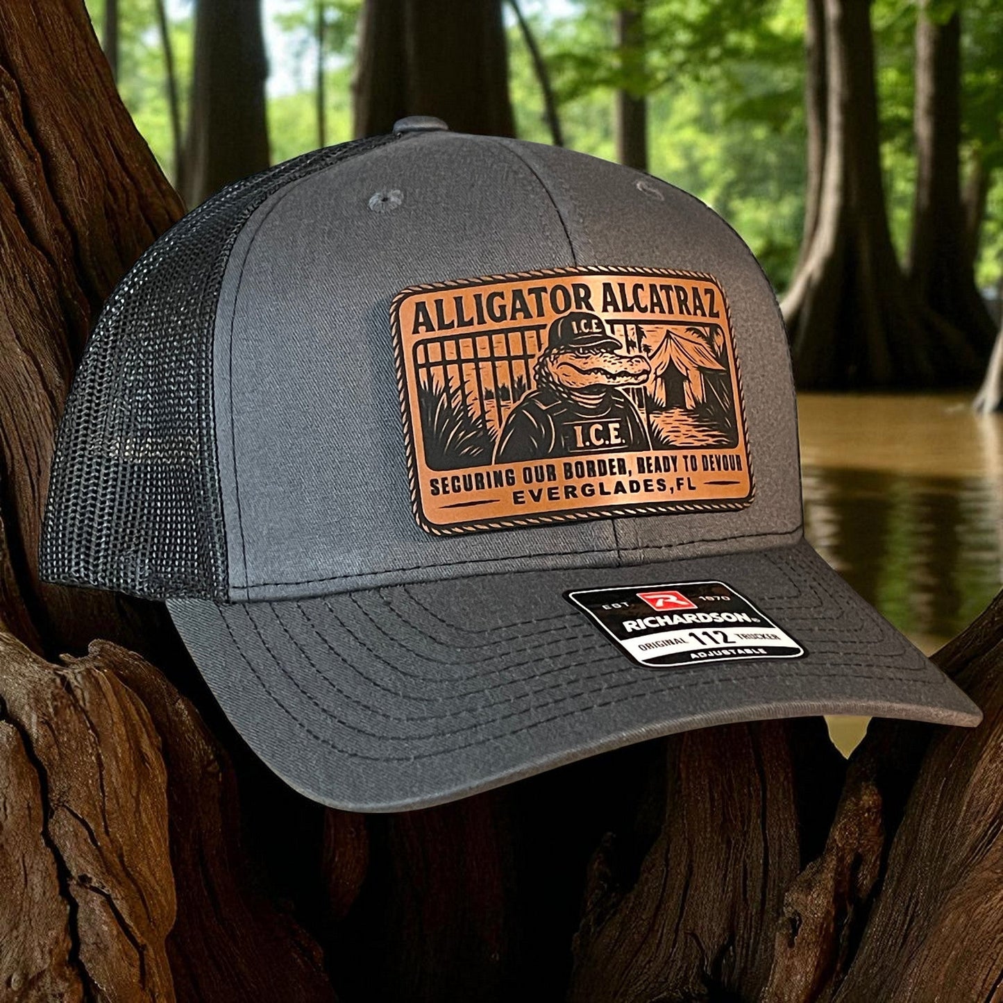 Alligator Alcatraz Swamp ICE Funny Leather Patch SnapBack Trucker Hat - Hollow Point Society - Patch Hat