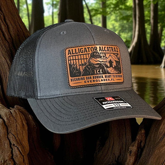 Alligator Alcatraz Swamp ICE Funny Leather Patch SnapBack Trucker Hat - Hollow Point Society - Patch Hat