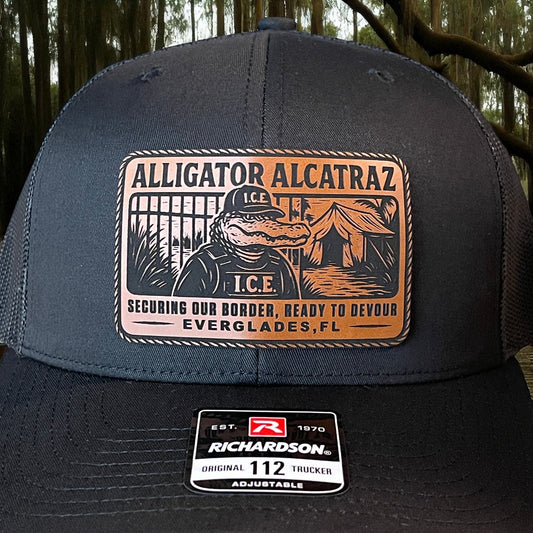 Alligator Alcatraz Swamp ICE Funny Leather Patch SnapBack Trucker Hat - Hollow Point Society - Patch Hat
