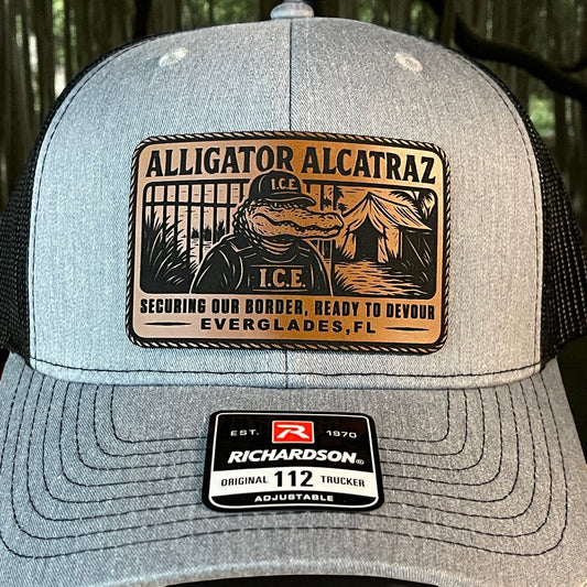 Alligator Alcatraz Swamp ICE Funny Leather Patch SnapBack Trucker Hat - Hollow Point Society - Patch Hat