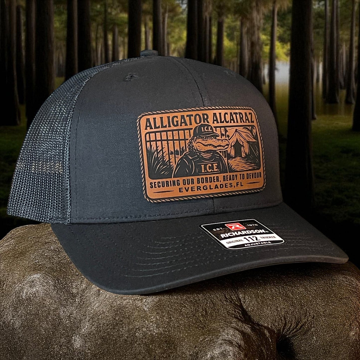 Alligator Alcatraz Swamp ICE Funny Leather Patch SnapBack Trucker Hat - Hollow Point Society - Patch Hat