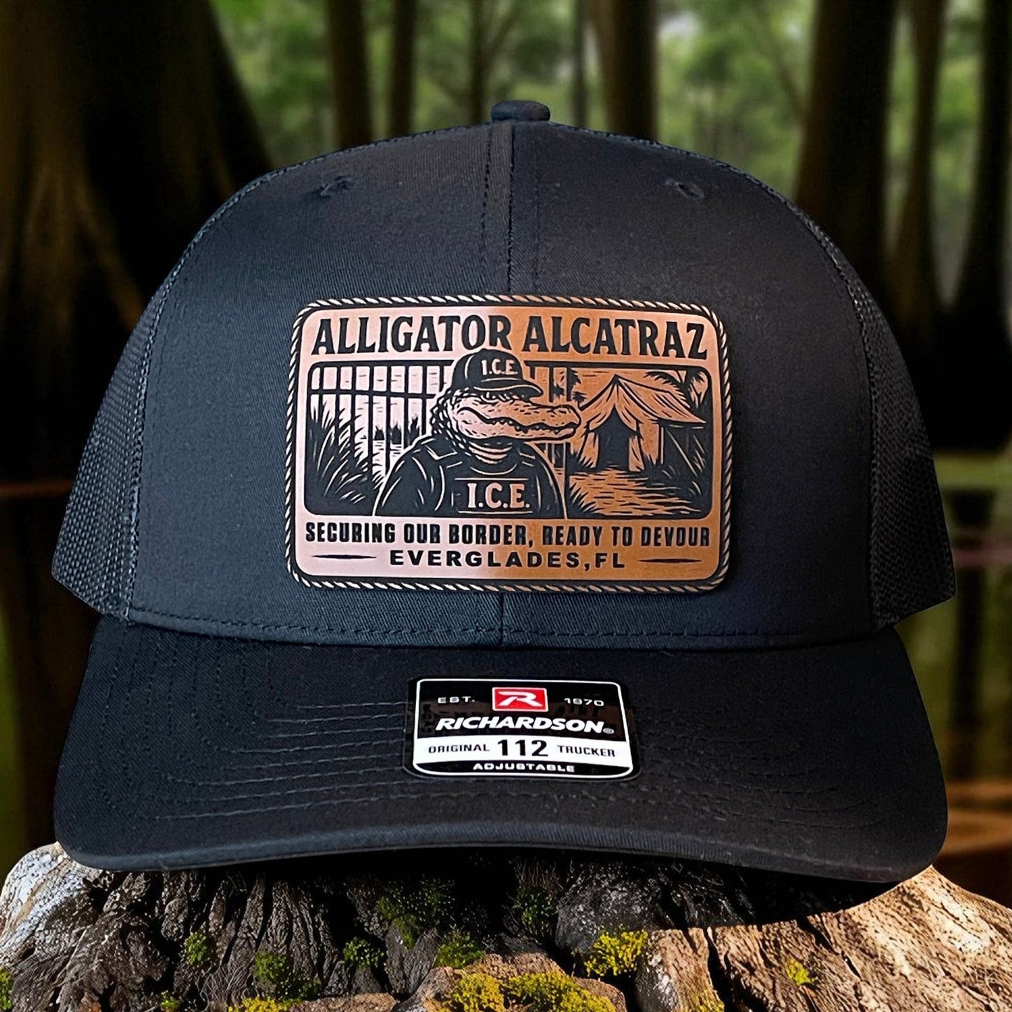 Alligator Alcatraz Swamp ICE Funny Leather Patch SnapBack Trucker Hat - Hollow Point Society - Patch Hat