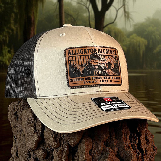 Alligator Alcatraz Swamp ICE Funny Leather Patch SnapBack Trucker Hat - Hollow Point Society - Patch Hat