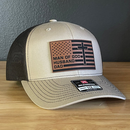 American Flag Man Of God Cross Christian SnapBack Trucker Hat Leather Patch - Hollow Point Society - Patch Hat