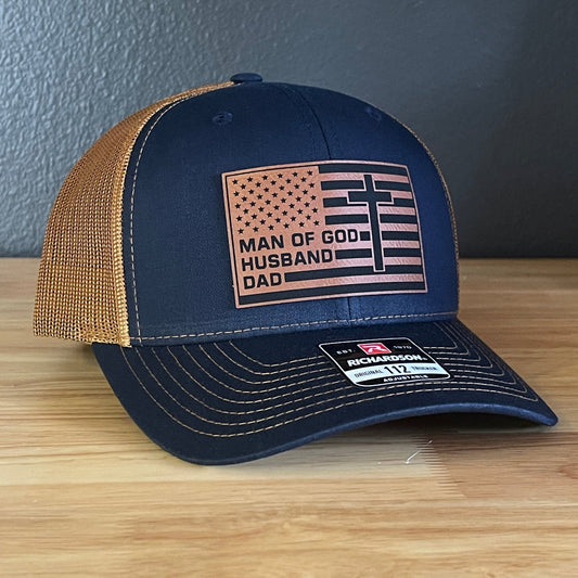 American Flag Man Of God Cross Christian SnapBack Trucker Hat Leather Patch - Hollow Point Society - Patch Hat