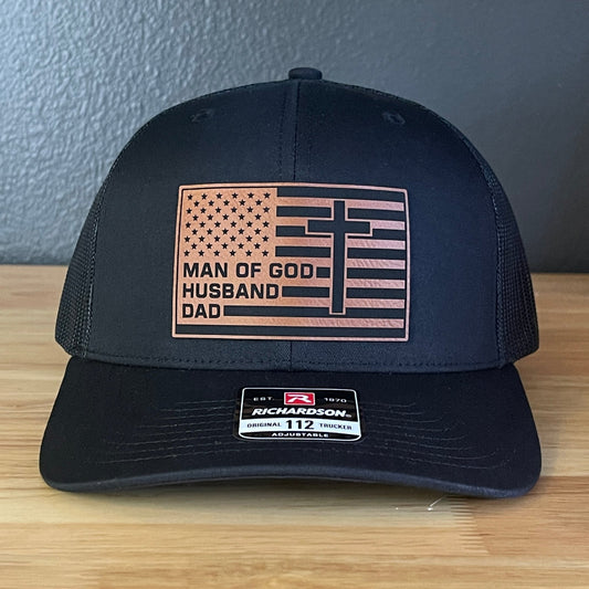 American Flag Man Of God Cross Christian SnapBack Trucker Hat Leather Patch - Hollow Point Society - Patch Hat