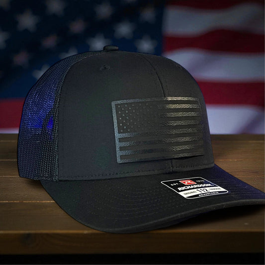 Blacked Out American Flag Patriotic Leather Patch Hat Black - Hollow Point Society - Patch Hat
