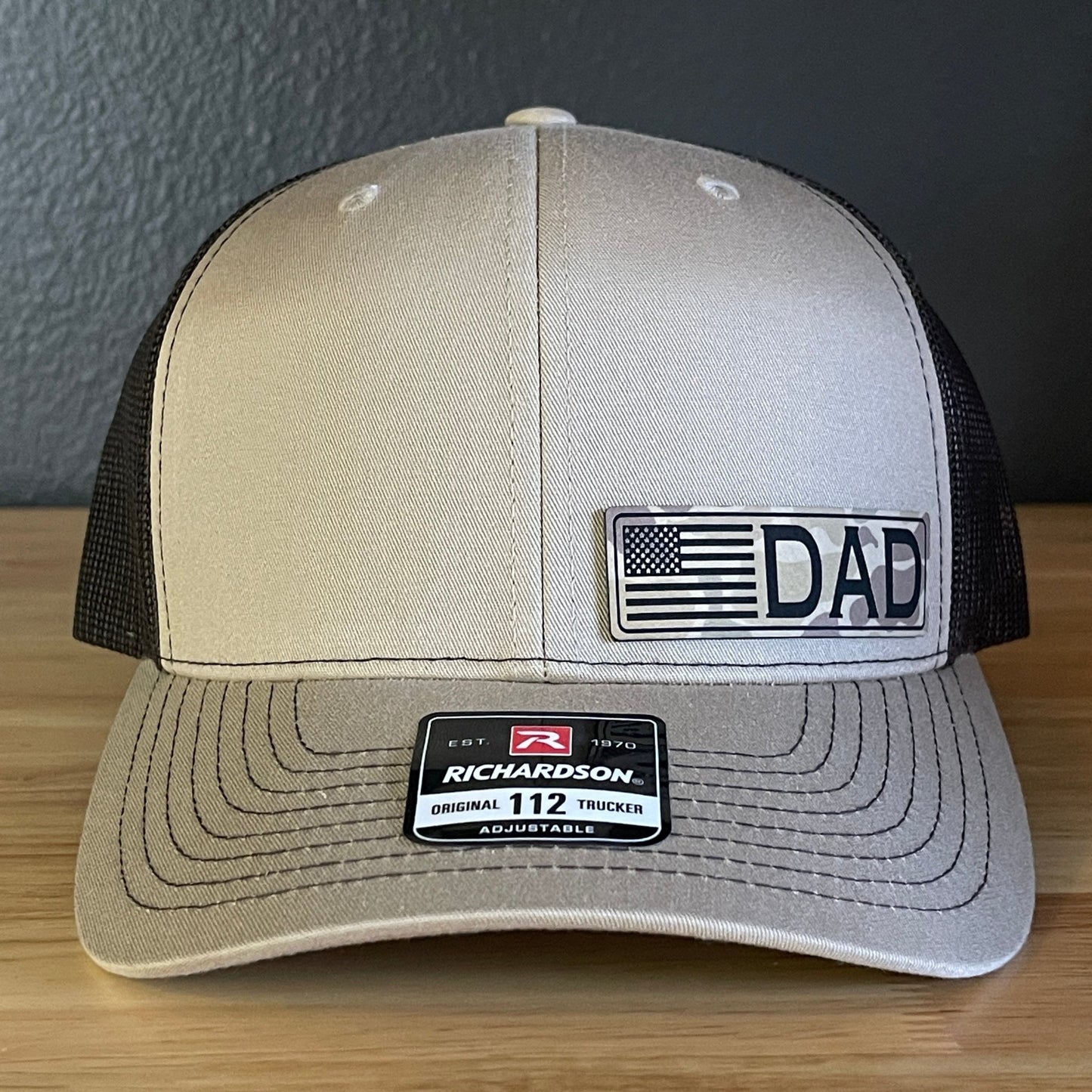 DAD American Flag Duck Camo Patriotic Side Leather Patch Hat Khaki/Brown - Hollow Point Society - Patch Hat