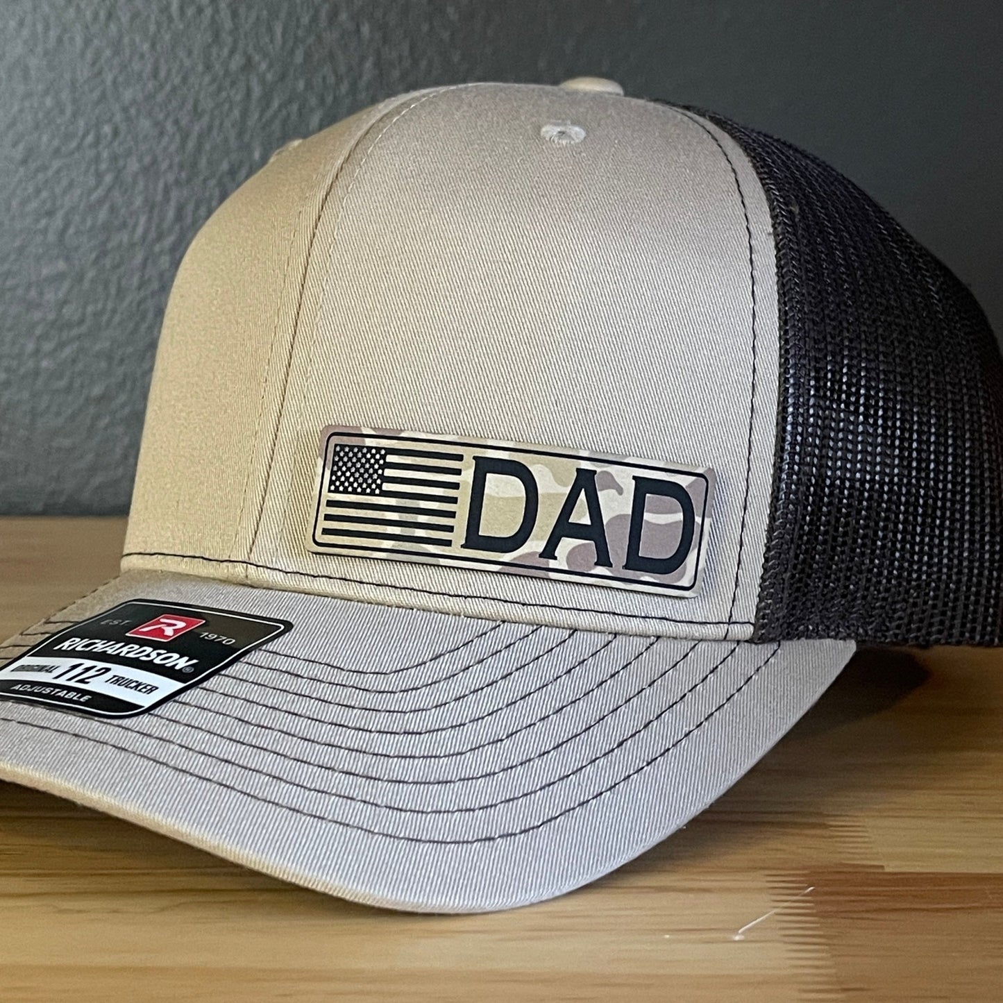 DAD American Flag Duck Camo Patriotic Side Leather Patch Hat Khaki/Brown - Hollow Point Society - Patch Hat