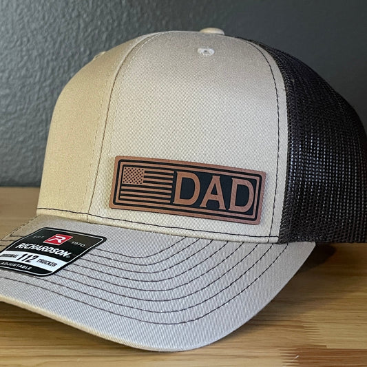 DAD American Flag Patriotic Side Leather Patch Hat Khaki/Brown - Hollow Point Society - Patch Hat