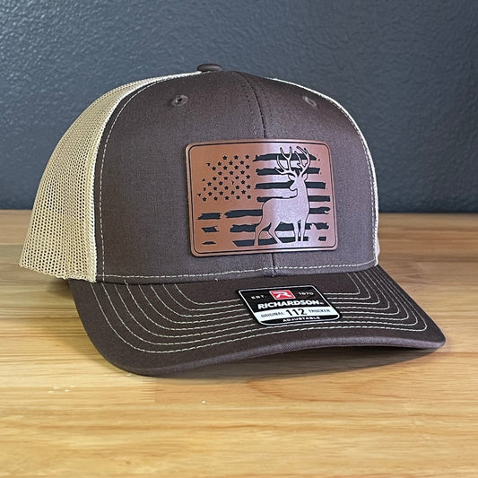 Deer Hunting American Flag Leather Patch Hat Brown - Hollow Point Society - Patch Hat