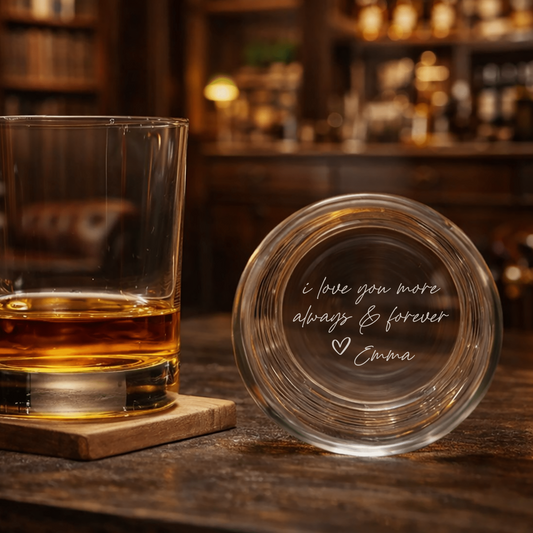 Engraved Whiskey Glass 'I Love You More' – Personalized Bottom Message with Name | Romantic Gift for Him - Hollow Point Society -