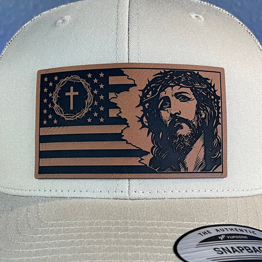 God And Country American Flag Christian SnapBack Trucker Leather Patch Hat Khaki - Hollow Point Society - Patch Hat
