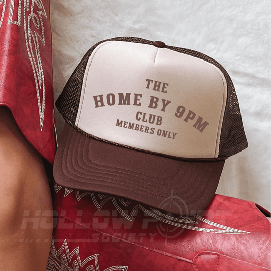 Home By 9pm Club Funny Classic Foam Trucker Hat for Women Tan/Brown - Hollow Point Society - Trucker Hat