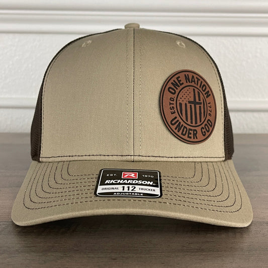 One Nation Under God Flag Patriotic Leather Patch Hat Khaki/Brown - Hollow Point Society - Patch Hat