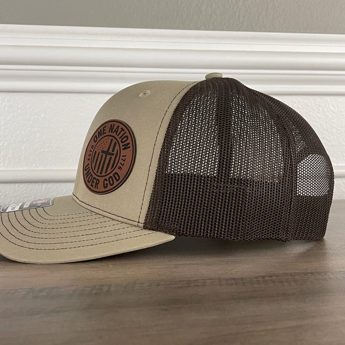 One Nation Under God Flag Patriotic Leather Patch Hat Khaki/Brown - Hollow Point Society - Patch Hat