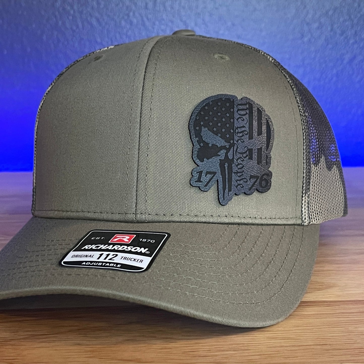 PUNISHER SKULL 1776 WE THE PEOPLE Black Side Leather Patch Hat Green/Camo - Hollow Point Society - Patch Hat
