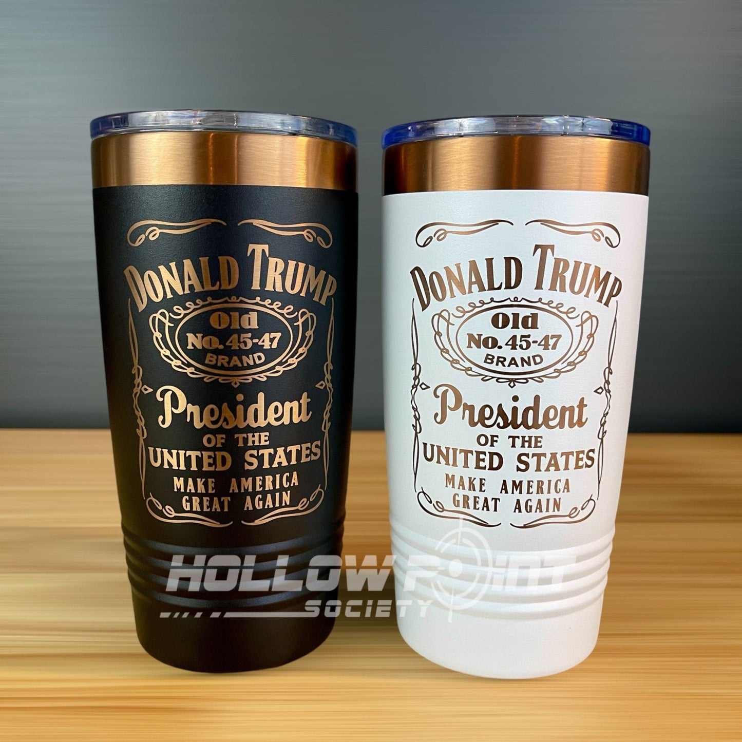 Set of 2: Trump 45 - 47 Vintage Label Collector's 20oz Rose Gold Laser Engraved Tumblers - Hollow Point Society - Tumblers