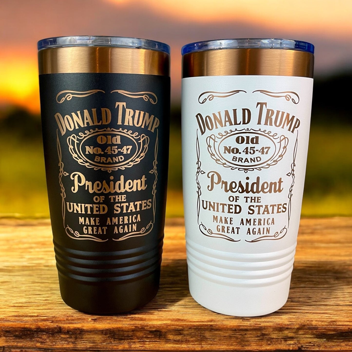 Set of 2: Trump 45 - 47 Vintage Label Collector's 20oz Rose Gold Laser Engraved Tumblers - Hollow Point Society - Tumblers