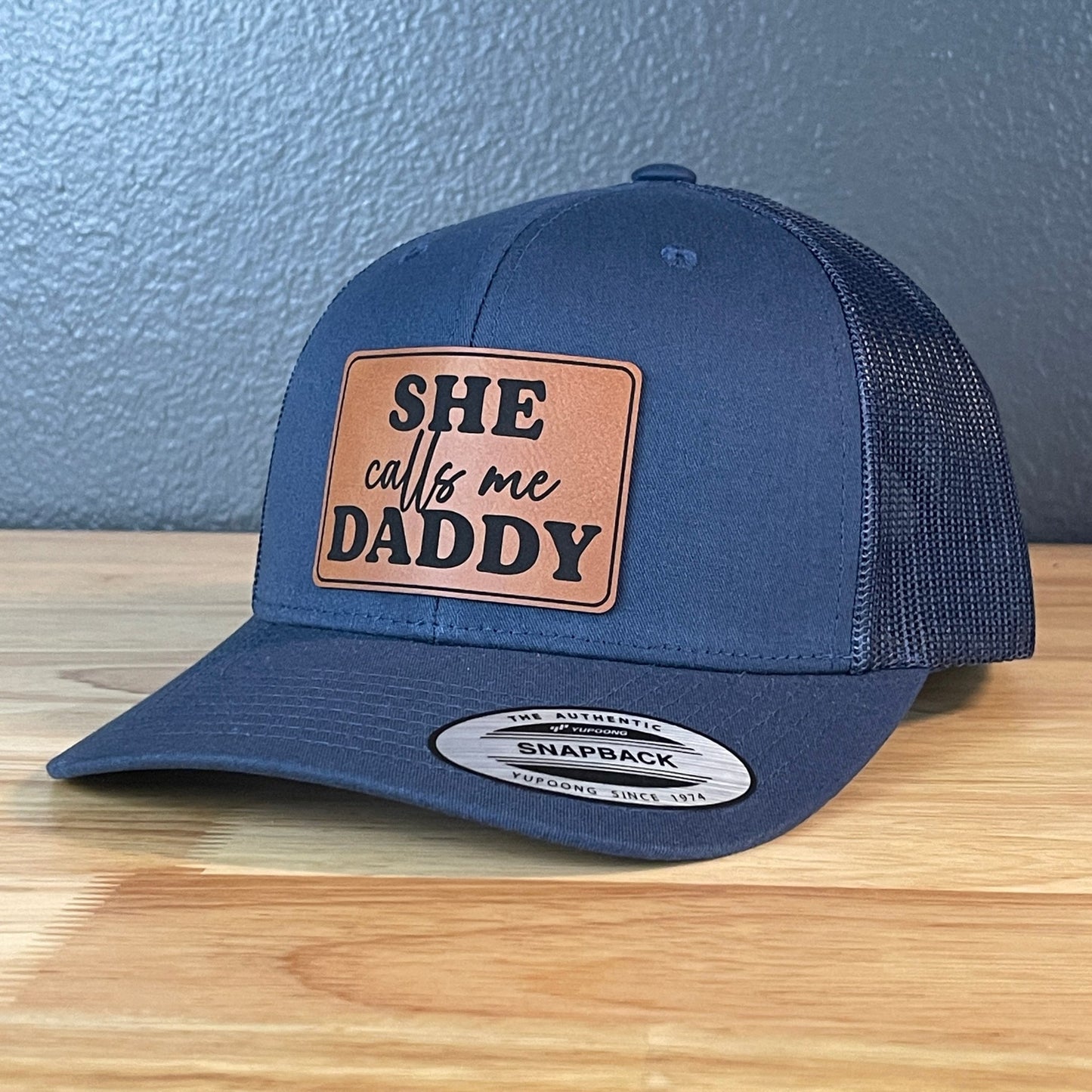 She Calls Me Daddy Funny Leather Patch Hat Navy Blue - Hollow Point Society - Patch Hat