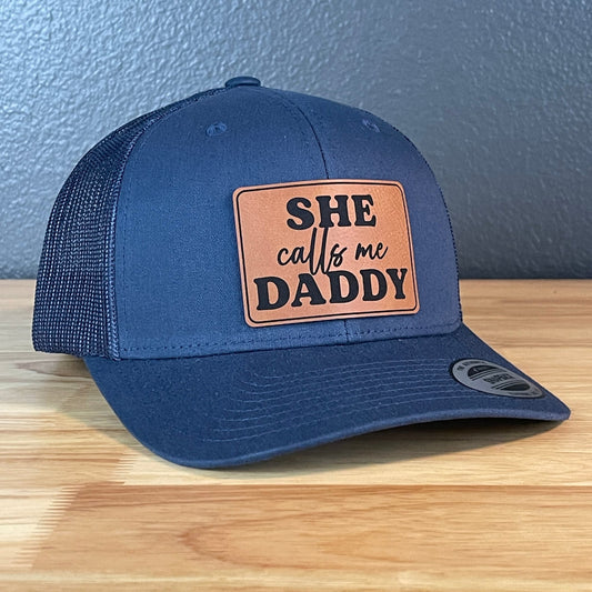 She Calls Me Daddy Funny Leather Patch Hat Navy Blue - Hollow Point Society - Patch Hat