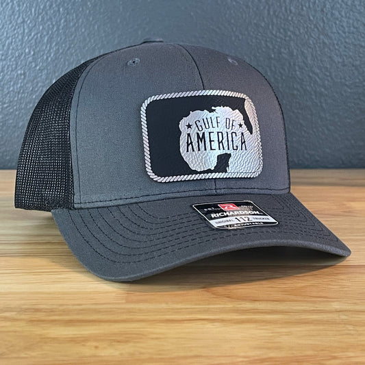 The Gulf of America Patriotic Leather Patch SnapBack Trucker Hat Blk/Silv - Hollow Point Society - Patch Hat