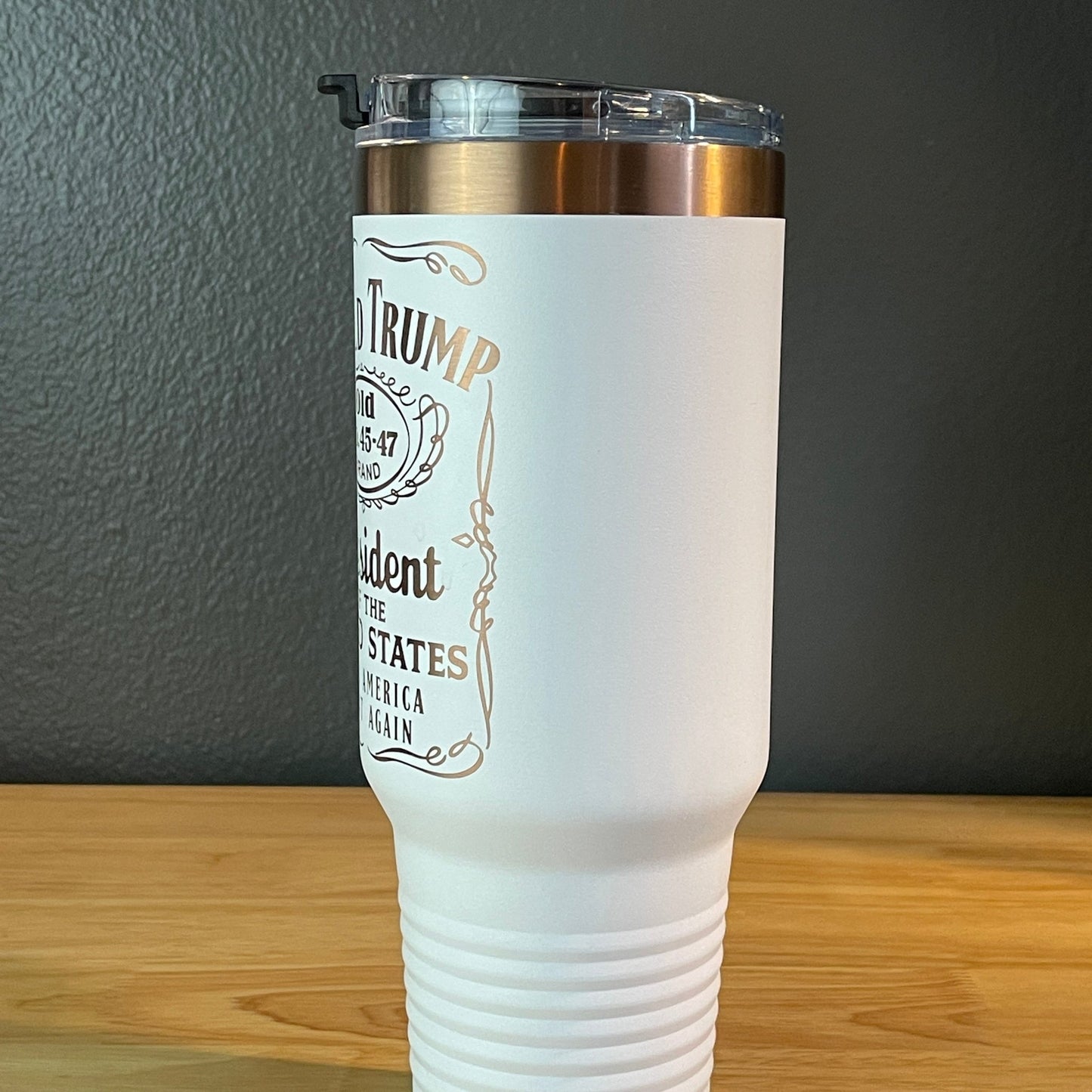 Trump 45 - 47 Tumbler Collector's Travel Mug with Handle 40oz White/Rose Gold Laser Engraved - Hollow Point Society - Tumblers