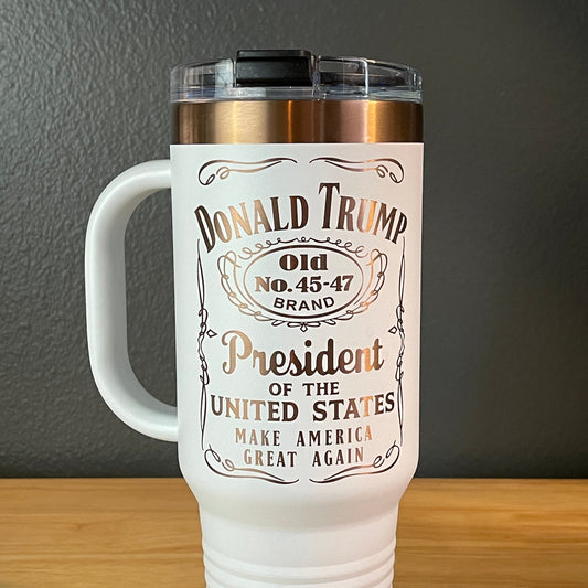 Trump 45 - 47 Tumbler Collector's Travel Mug with Handle 40oz White/Rose Gold Laser Engraved - Hollow Point Society - Tumblers