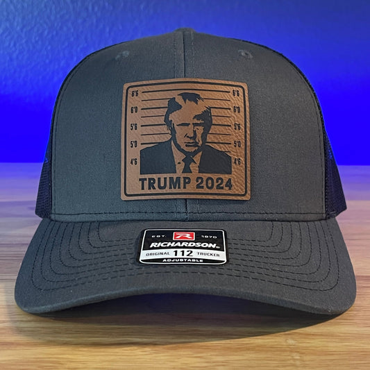 TRUMP MUGSHOT 2024 Patriotic Leather Patch Hat Charcoal/Black - Hollow Point Society - Patch Hat