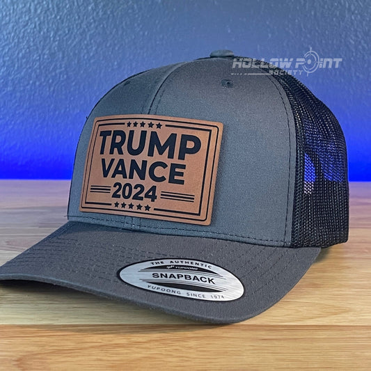 TRUMP VANCE 2024 SnapBack Trucker Rawhide Leather Patch Hat Charcoal - Hollow Point Society - Patch Hat
