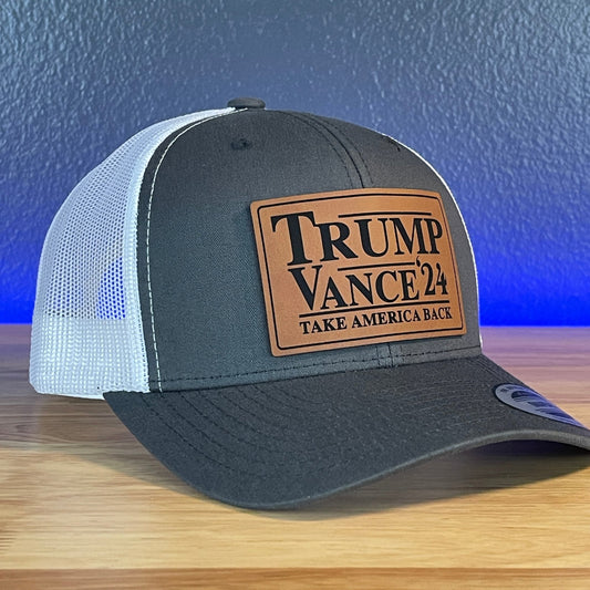 Trump Vance 2024 Take America Back SnapBack Trucker Rawhide Leather Patch Hat Charcoal/White - Hollow Point Society - Patch Hat