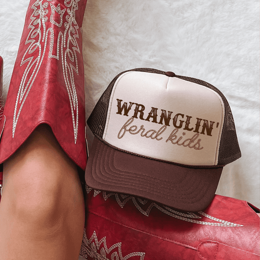 Wranglin' Feral Kids Funny Mom Classic Foam Trucker Hat Tan/Brown - Hollow Point Society - Trucker Hat