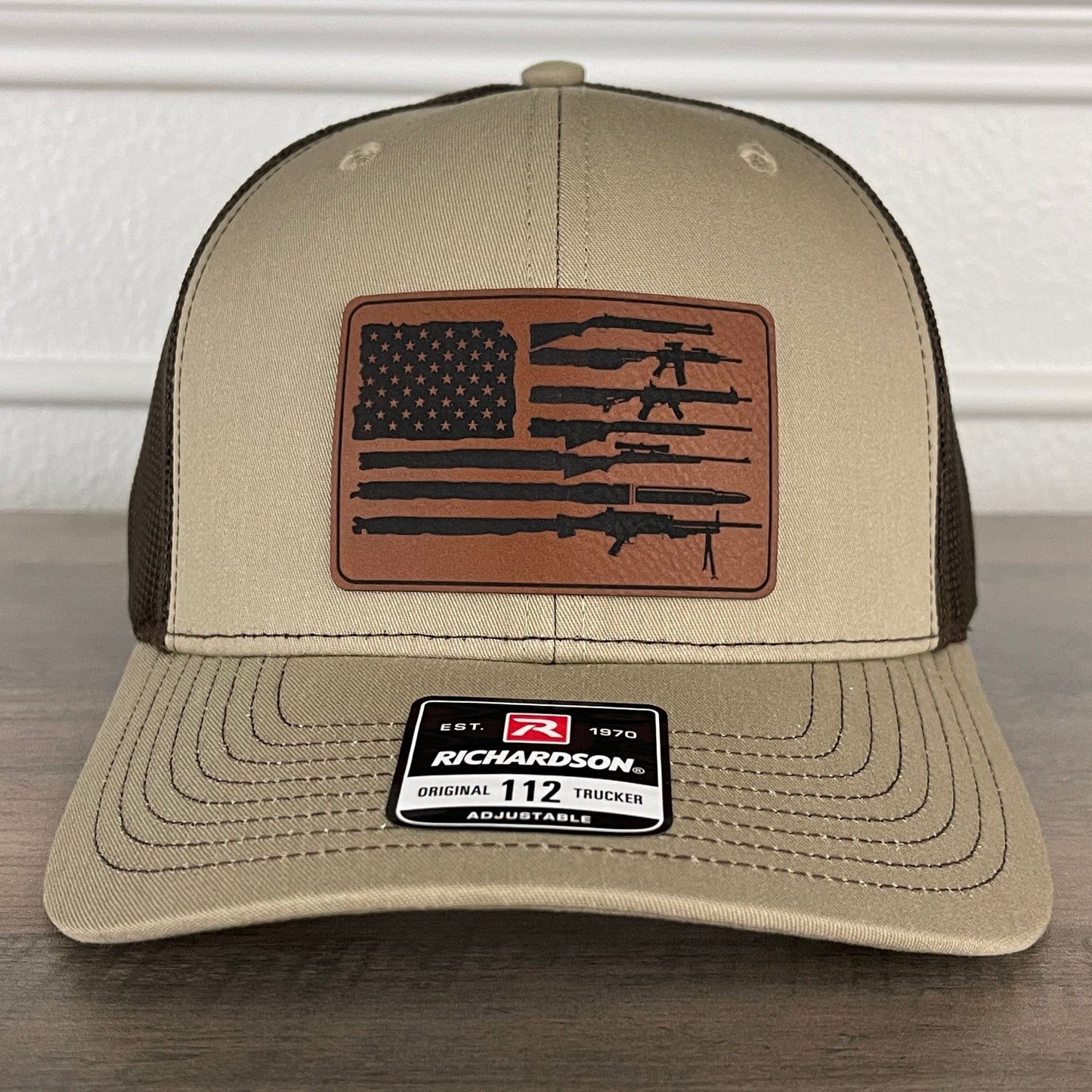 2nd Amendment 2A American Flag Patriotic Leather Patch Hat Khaki/Brown - Hollow Point Society - Patch Hat