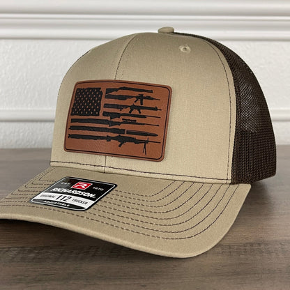 2nd Amendment 2A American Flag Patriotic Leather Patch Hat Khaki/Brown - Hollow Point Society - Patch Hat