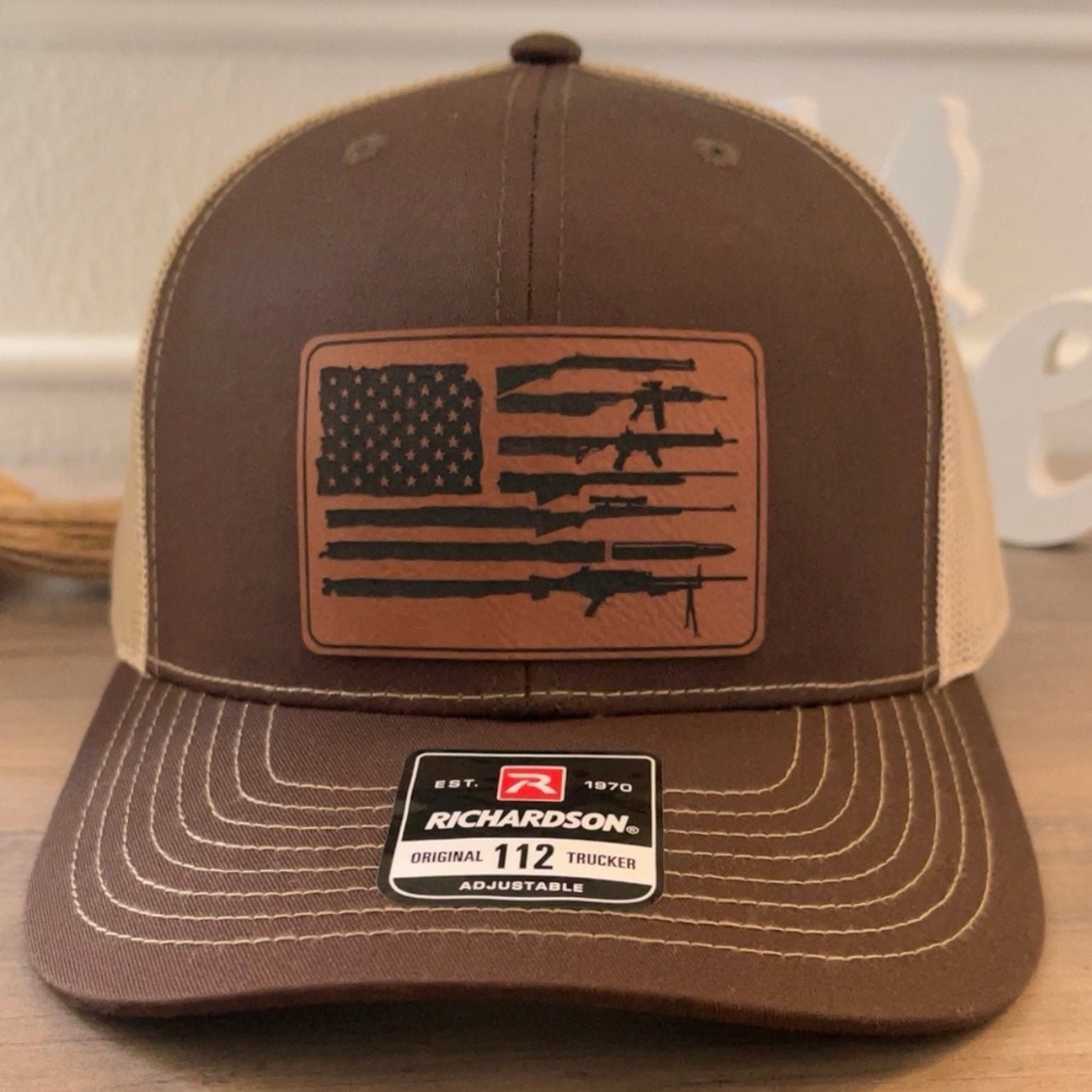 2nd Amendment American Flag Leather Patch Hat Brown - Hollow Point Society - Patch Hat