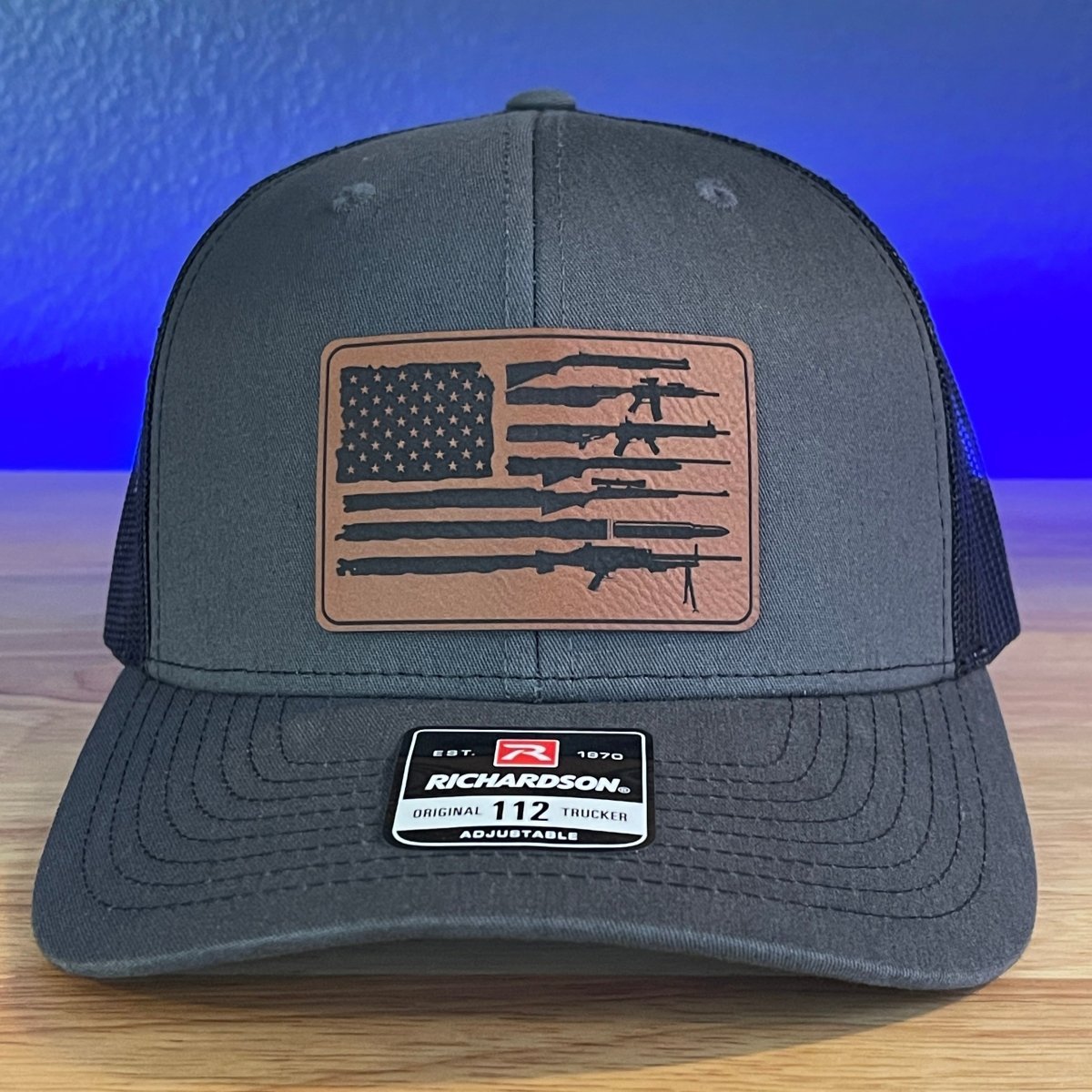 2ND AMENDMENT AMERICAN FLAG Patriotic Leather Patch Hat Charcoal/Black - Hollow Point Society - Patch Hat