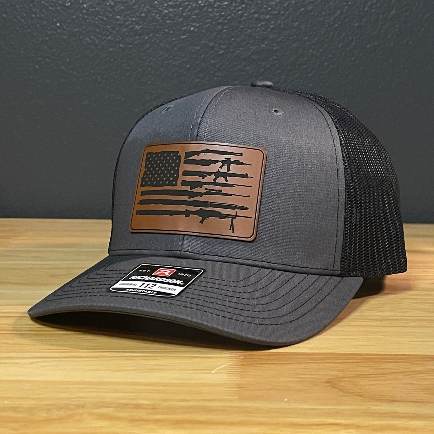 2ND AMENDMENT AMERICAN FLAG Patriotic Leather Patch Hat Charcoal/Black - Hollow Point Society - Patch Hat