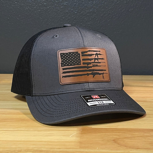 2ND AMENDMENT AMERICAN FLAG Patriotic Leather Patch Hat Charcoal/Black - Hollow Point Society - Patch Hat