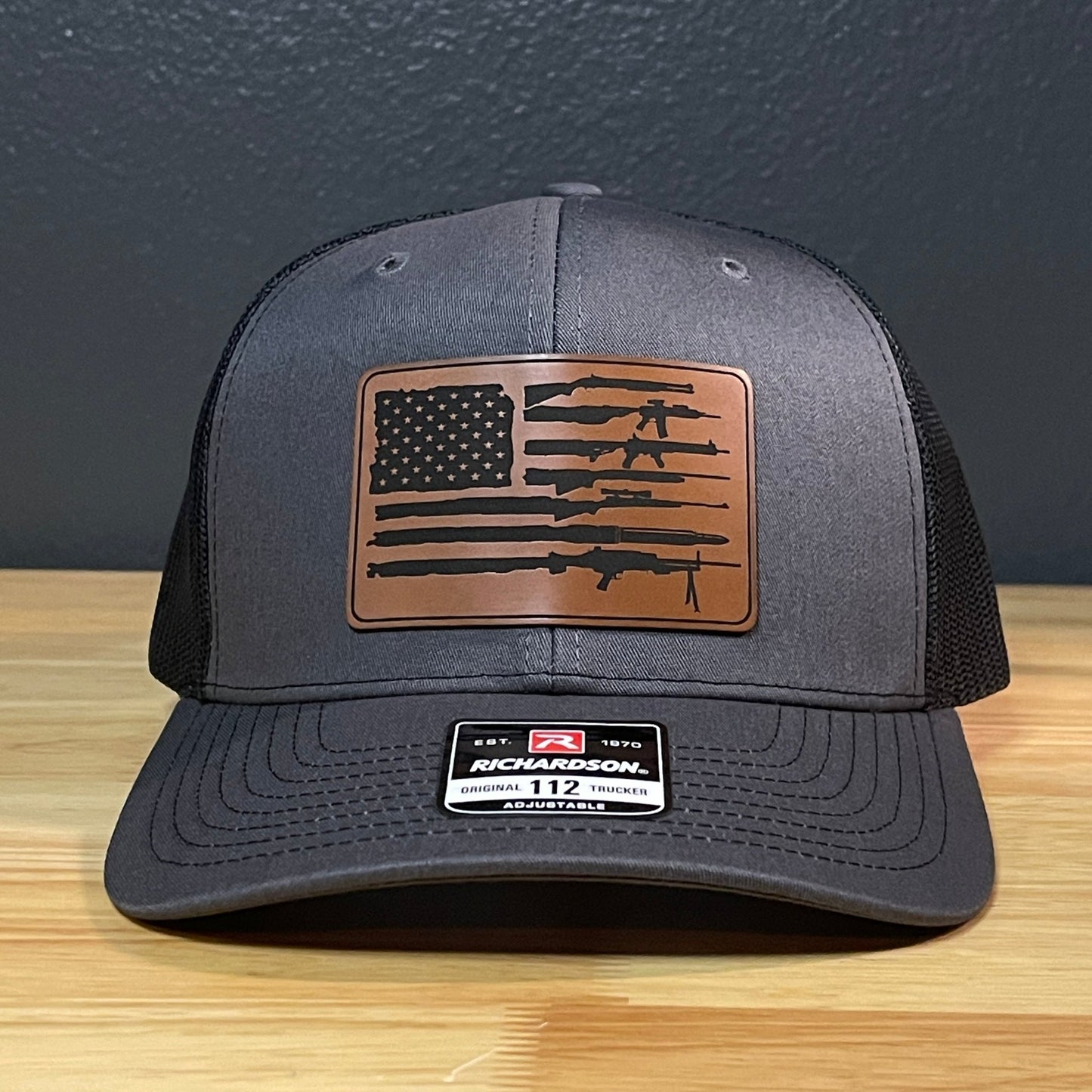 2ND AMENDMENT AMERICAN FLAG Patriotic Leather Patch Hat Charcoal/Black - Hollow Point Society - Patch Hat