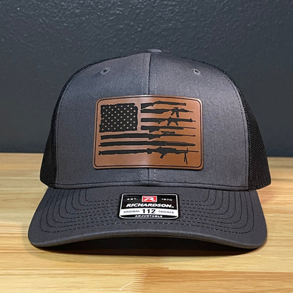 2ND AMENDMENT AMERICAN FLAG Patriotic Leather Patch Hat Charcoal/Black - Hollow Point Society - Patch Hat