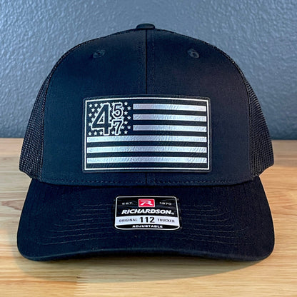 45 47 Inauguration American Flag Patriotic SnapBack Trucker Leather Patch Hat Blk/Silv - Hollow Point Society - Patch Hat