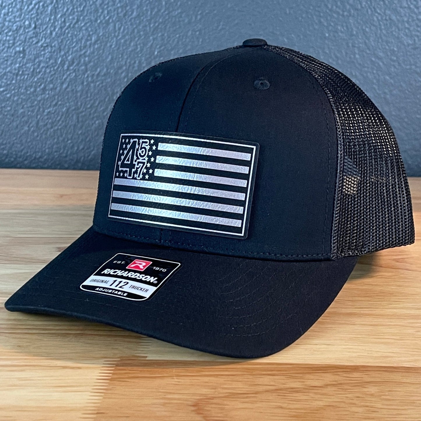 45 47 Inauguration American Flag Patriotic SnapBack Trucker Leather Patch Hat Blk/Silv - Hollow Point Society - Patch Hat