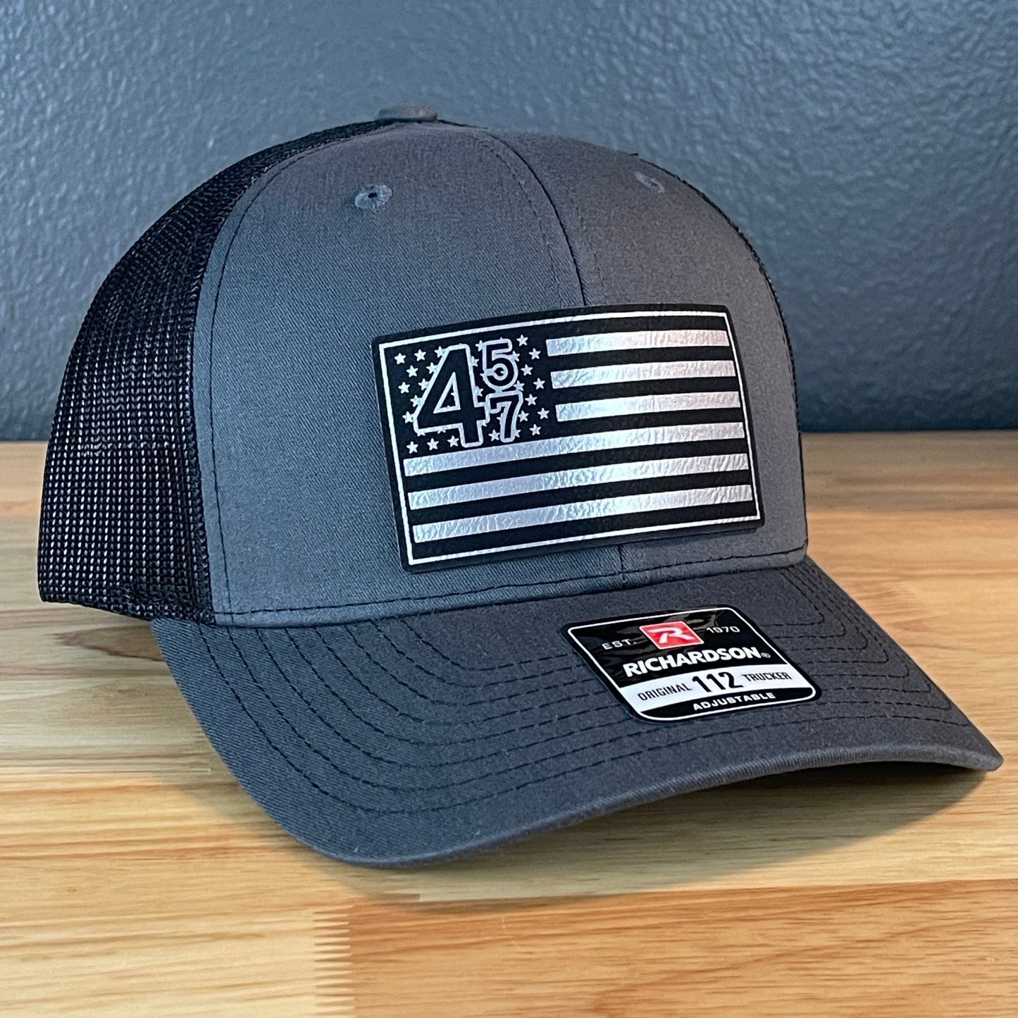 45 47 Inauguration American Flag Patriotic SnapBack Trucker Leather Patch Hat Charcoal Blk/Silv - Hollow Point Society - Patch Hat